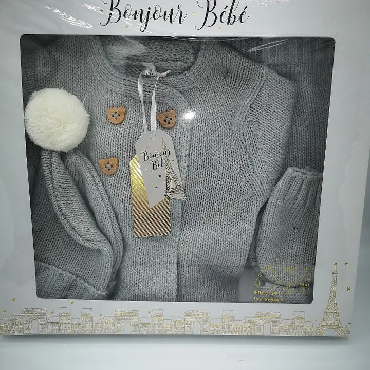 Boxed Knitted Grey Gift Set- Teddy Buttons W24206