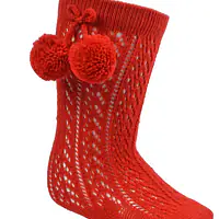Pelerine Knee High Socks with Pom Pom -Red