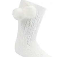  Pelerine Knee High Socks with Pom Pom -White
