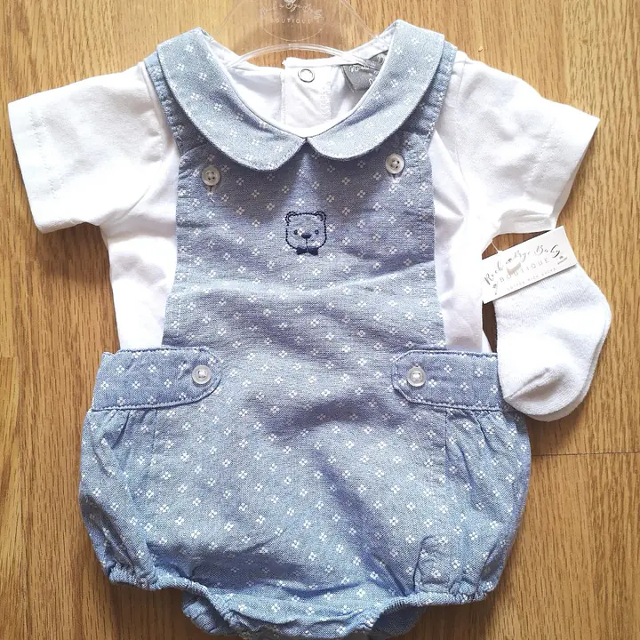 Sky Blue Short Dungaree Set with Teddy Embroidery 18262