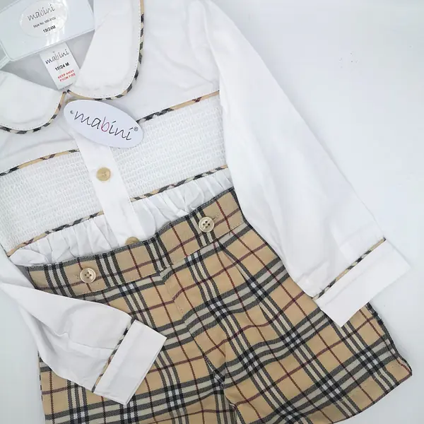 Cream Check Smock Shirt & Shorts Set 9100
