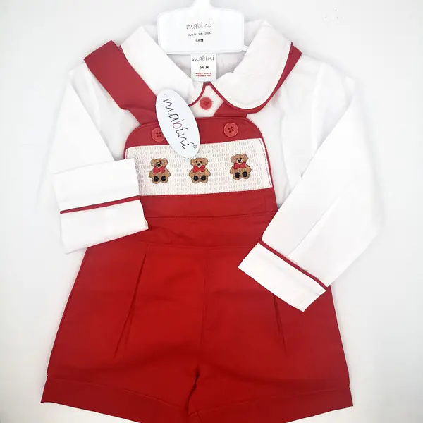 Red Smock Dungaree Set -Teddy embroidery 1008
