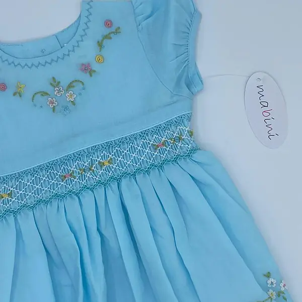 Smock Dress -Aqua with Embroidered Flowers