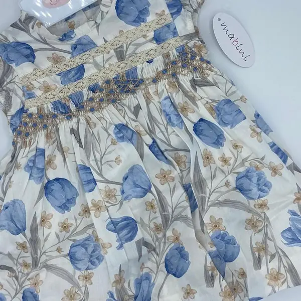 Smock Dress in Blue & Cream Flower Print
